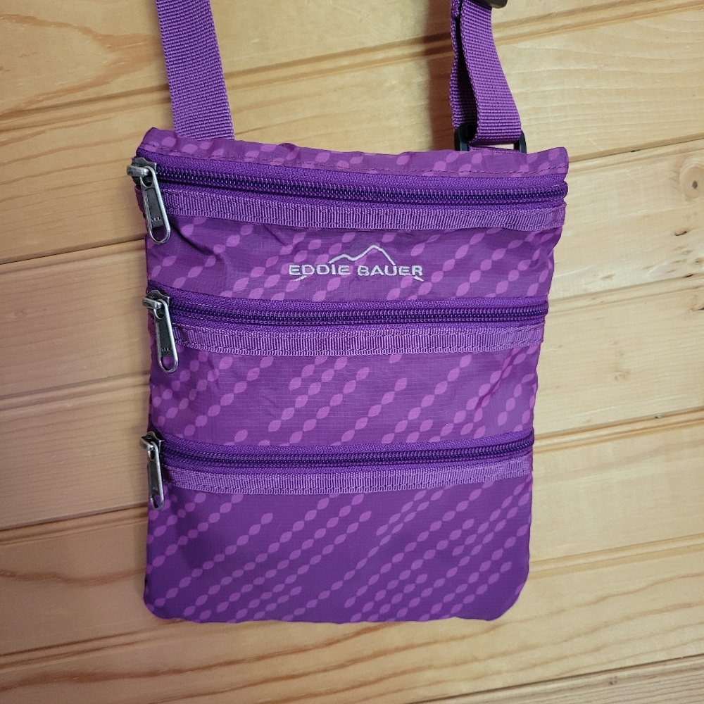 Eddie Bauer Three Zipper Nylon Purple Cossbody Travel Bag/Purse, Small